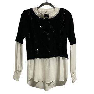 WHBM Black Sequin Sweater with Long Sleeve Chiffon Attached Top Size S